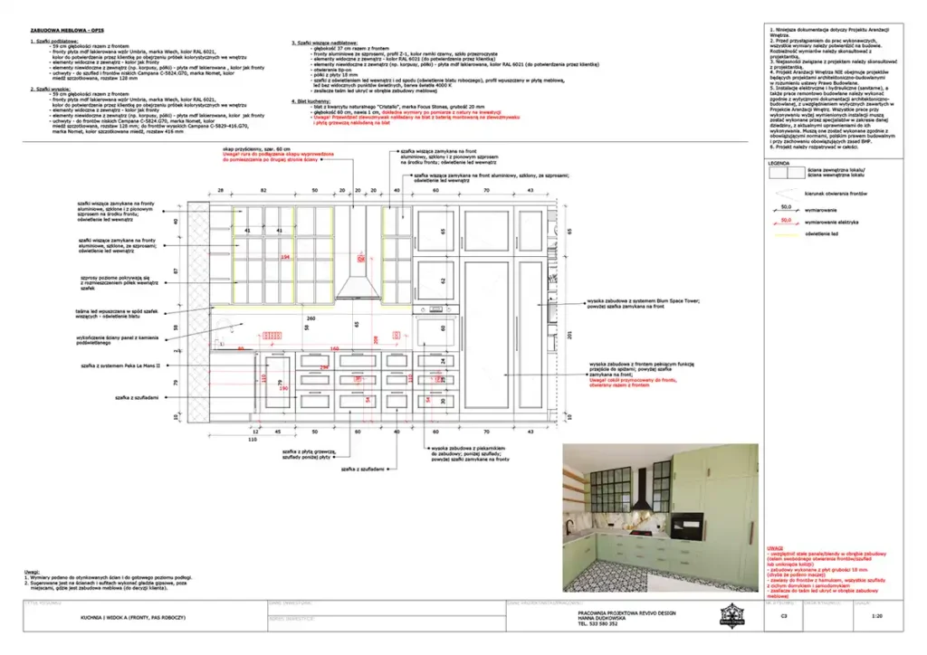 projekt zabudowy meblowej kuchni – rysunek techniczny frontów i szafek, projekt wnętrza Bydgoszcz