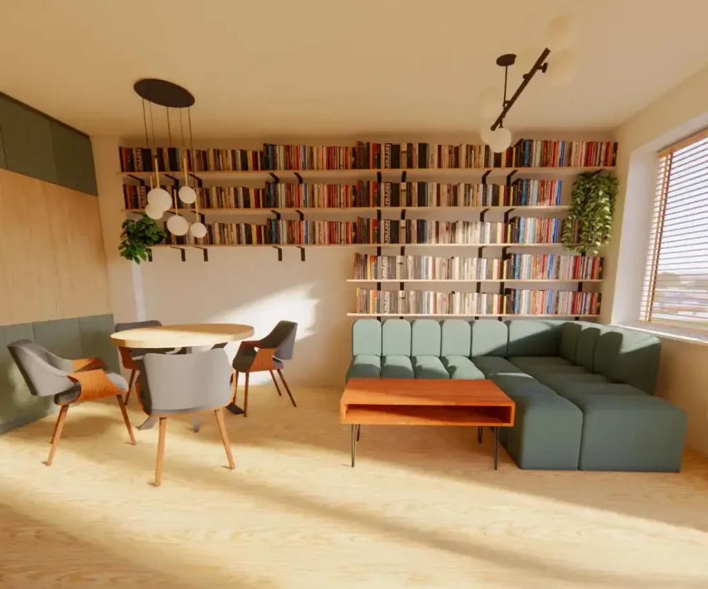 wizualizacja salonu w kamienicy w Gdańsku z regałem na książki i sofą narożną – projekt wnętrz na wymiar