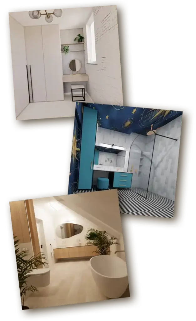 wizualizacje projektu wnętrz w różnych stylach – nowoczesna łazienka beżowa, kolorowa aranżacja z sufitem w gwiazdy, minimalistyczna garderoba – projektant wnętrz Bydgoszcz, Toruń