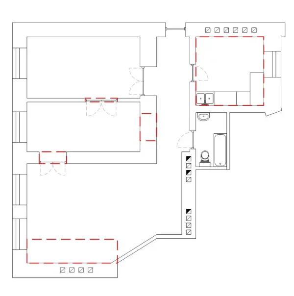Rzut mieszkania w zabytkowej kamienicy przedstawiający pierwotny układ pomieszczeń: salon, kuchnię, łazienkę i pokoje z zaznaczonymi planowanymi zmianami w układzie funkcjonalnym