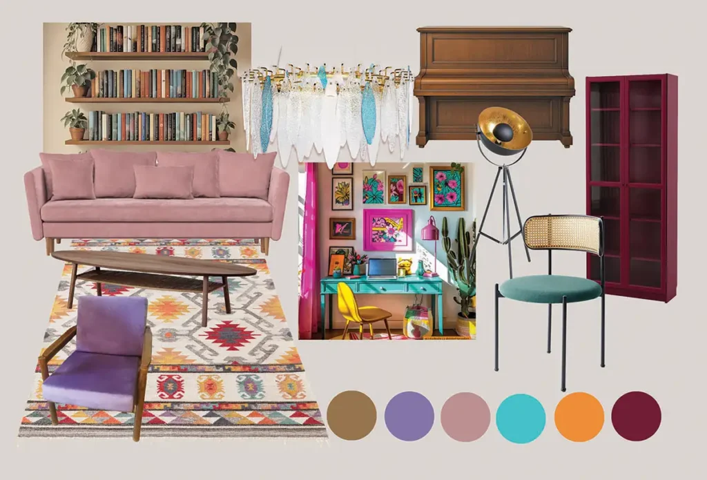 Kolorowy moodboard wnętrza przygotowany na podstawie potrzeb klienta w procesie projektowania wnętrz w Bydgoszczy