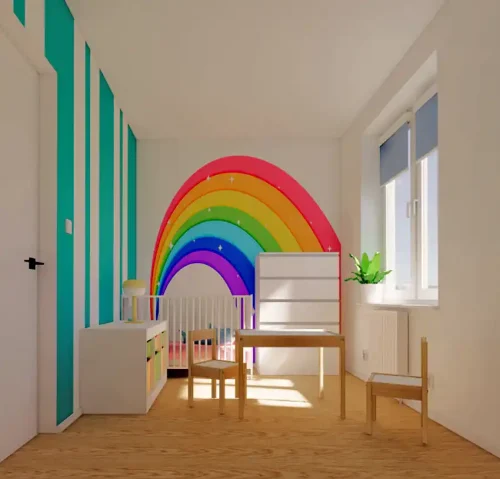 Pokój dziecka z tęczą na ścianie i kolorowymi meblami | Revivo Design Pokój dziecka z malowaną tęczą nad łóżeczkiem i pastelowymi meblami, projekt Revivo Design