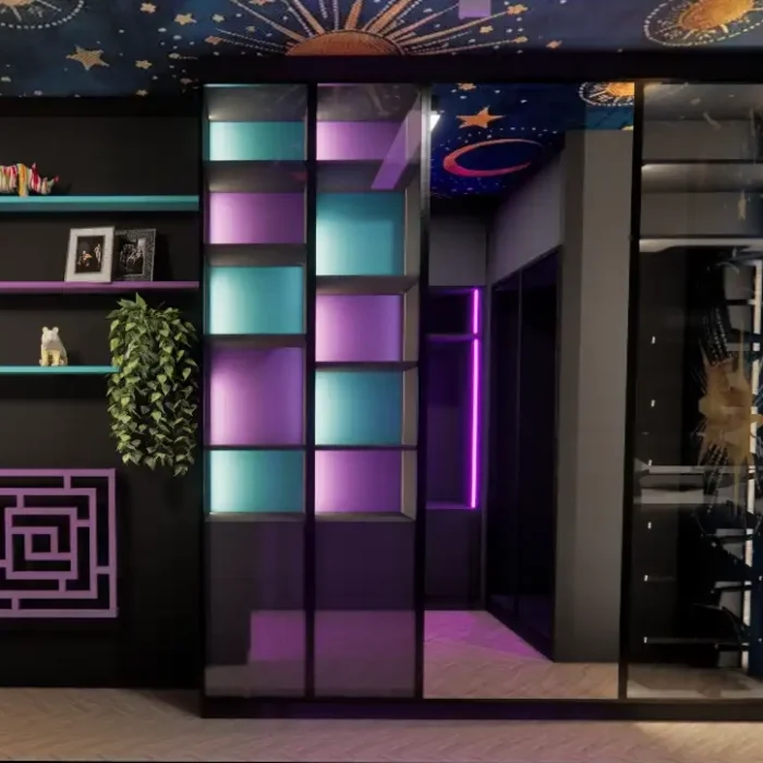 nowoczesny projekt wnętrza sypialni z garderobą i kolorowym sufitem – projektant wnętrz Bydgoszcz, Toruń