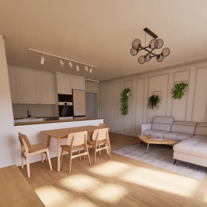 Projekt salonu z aneksem kuchennym w Toruniu